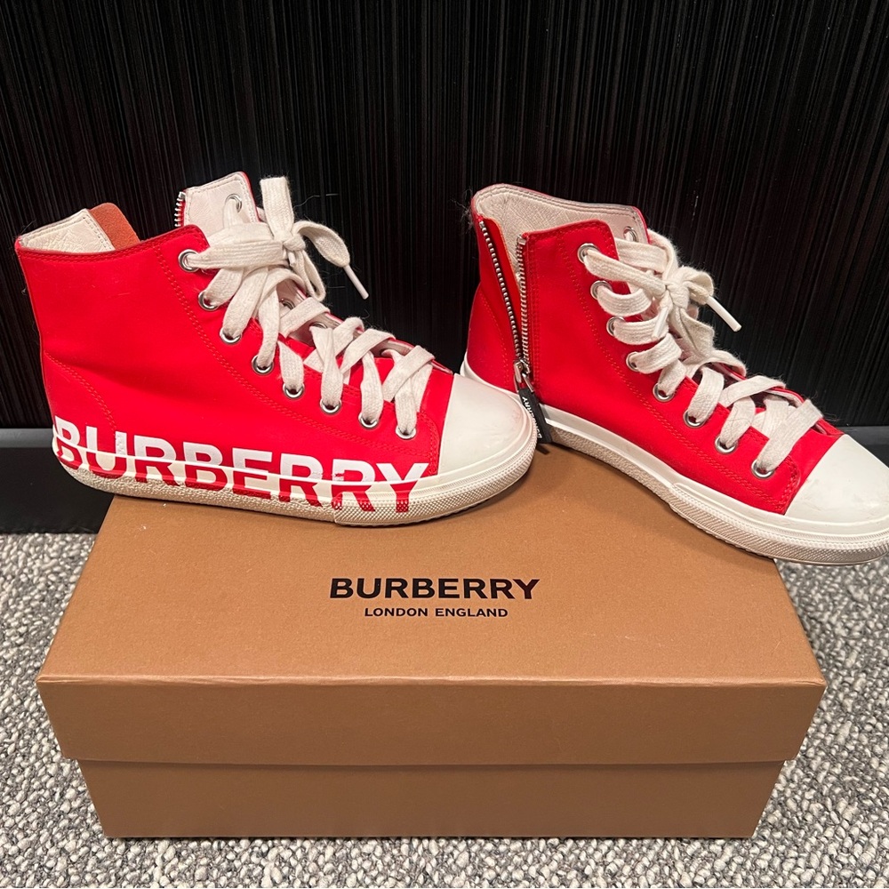 Burberry Red and White High-Top Sneakers